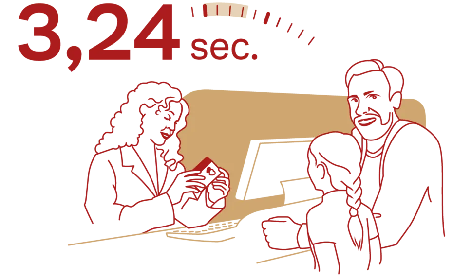 A simple illustration shows a woman at a counter, handing something to a man and a child. Above them, the text "3,24 sec." is prominently displayed, indicating a measure of time. The scene conveys a quick interaction at a service point.